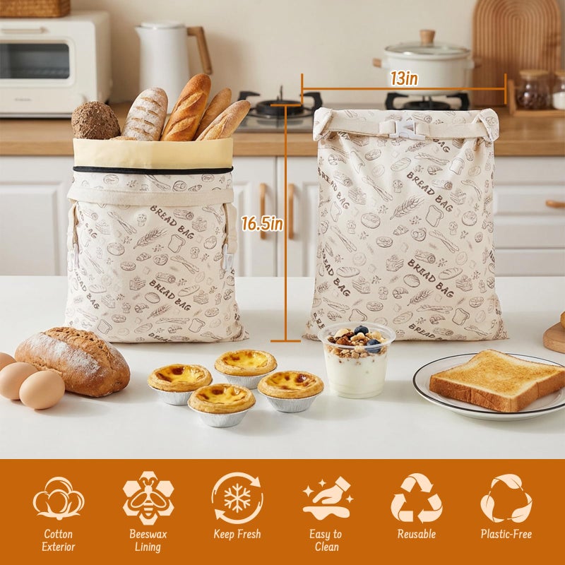 Lemoobolsa 2-Pack Reusable Beeswax Bread Bags for Sourdough & HomemadeBread, 16.5 x 13 inch bread bags for Food Storage - Image 2