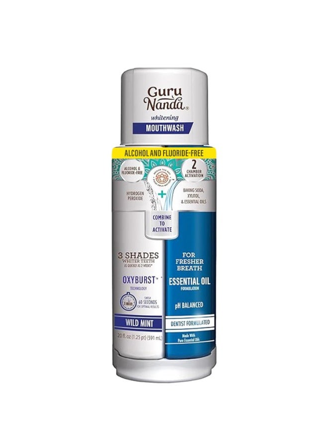 GuruNanda Teeth Whitening Dual Barrel Oxyburst Mouthwash - Alcohol & Fluoride Free with 100% Natural Essential Oils, Hydrogen Peroxide to Promote Whiter Teeth - Wild Mint - 20 Fl Oz