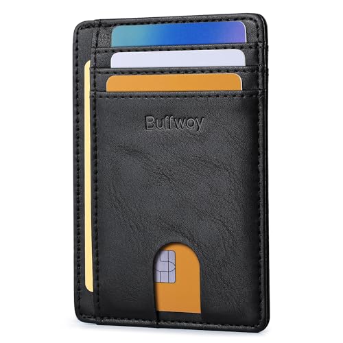 Buffway Slim Minimalist Front Pocket RFID Blocking Leather Wallets for Men and Women - Slate Black - Image 1