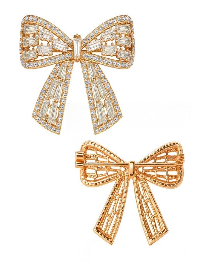 VAMA FASHIONS Elegant 18K Rose Gold Plated Bow Shape Sparkling Crystal AD Stone Ribbon Design Brooch Pin Saree Dress Jewelry for Women & Girls - Image 1