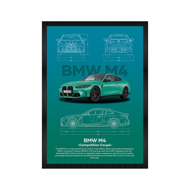 إطارات ملصقات حائط خشبية BMW M4 Competition الجمالية|8x12 بوصة (حجم A4)|إطارات فنون حائطية معلقة للمنزل وغرفة النوم وغرفة المعيشة وجماليات الجدران|أعمال فنية مؤطرة