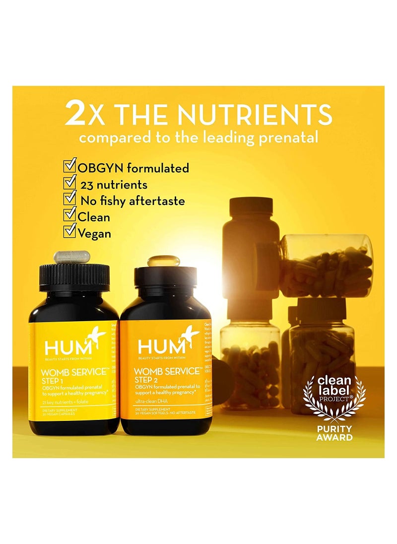 HUM - Womb Service Prenatal Multi+DHA Formulated by OBGYNs to support pre to post pregnancy needs - Supports development of  Brain, Vision, Bone & Overall - Combo pack  30 Vegan Capsules+30 DHA Vegan Softge - Image 1