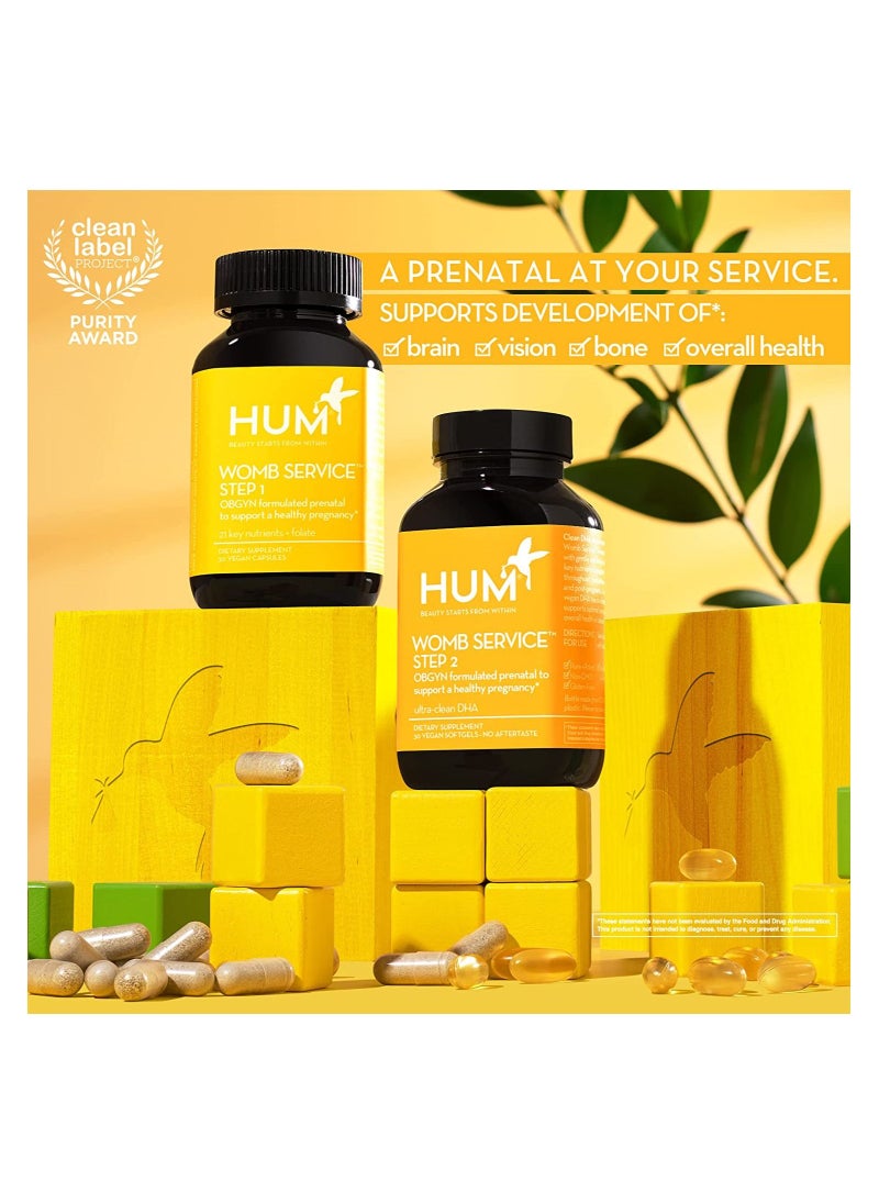 HUM - Womb Service Prenatal Multi+DHA Formulated by OBGYNs to support pre to post pregnancy needs - Supports development of  Brain, Vision, Bone & Overall - Combo pack  30 Vegan Capsules+30 DHA Vegan Softge - Image 1