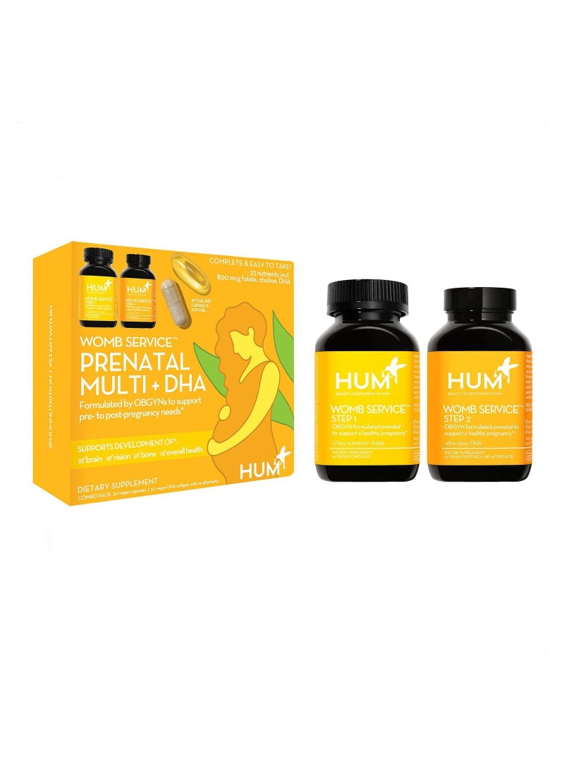 HUM - Womb Service Prenatal Multi+DHA Formulated by OBGYNs to support pre to post pregnancy needs - Supports development of  Brain, Vision, Bone & Overall - Combo pack  30 Vegan Capsules+30 DHA Vegan Softge - Image 1