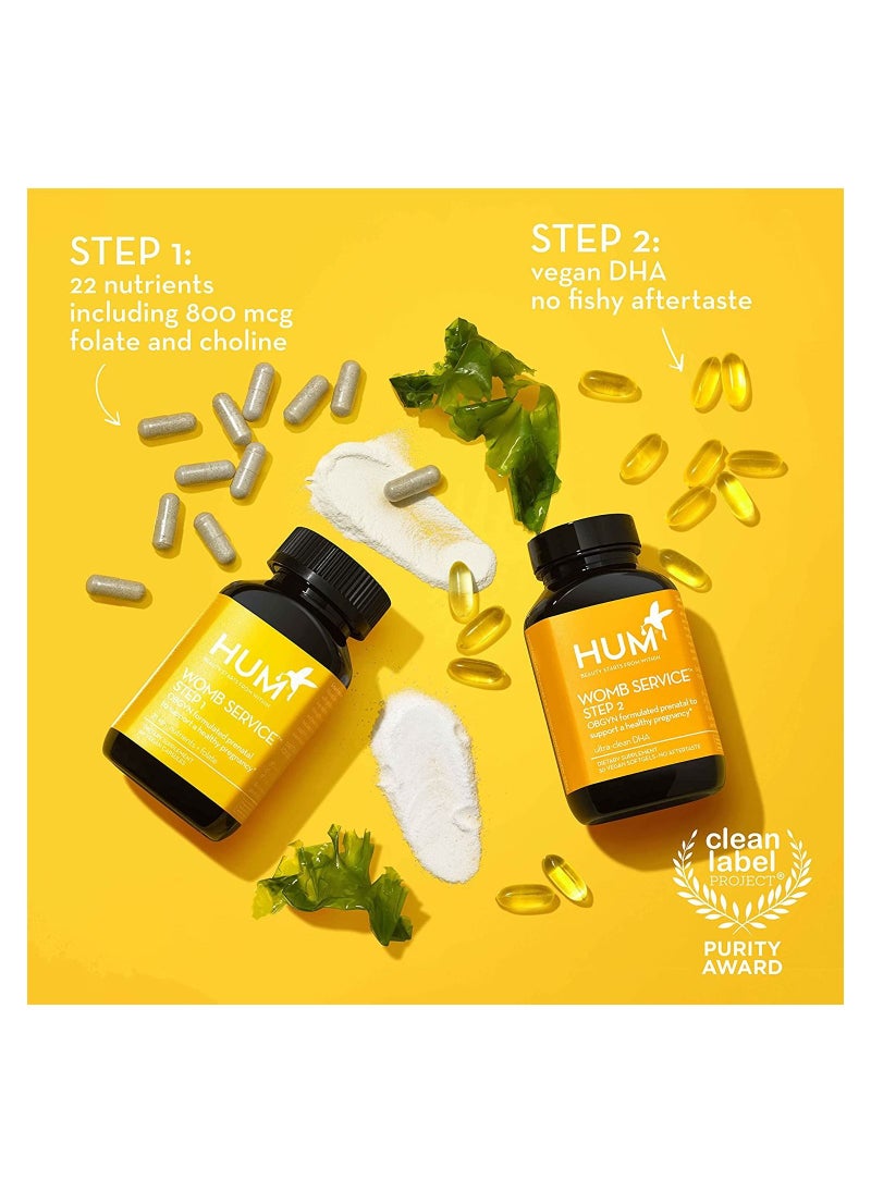 HUM - Womb Service Prenatal Multi+DHA Formulated by OBGYNs to support pre to post pregnancy needs - Supports development of  Brain, Vision, Bone & Overall - Combo pack  30 Vegan Capsules+30 DHA Vegan Softge - Image 1