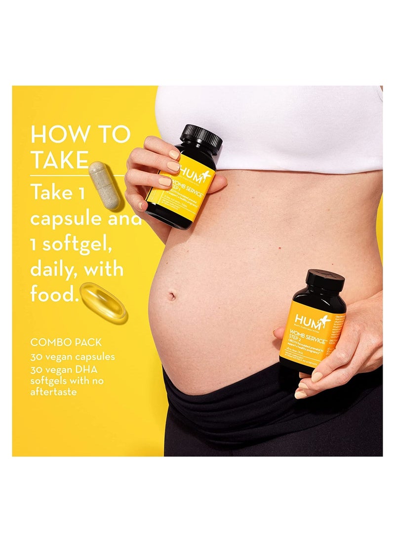 HUM - Womb Service Prenatal Multi+DHA Formulated by OBGYNs to support pre to post pregnancy needs - Supports development of  Brain, Vision, Bone & Overall - Combo pack  30 Vegan Capsules+30 DHA Vegan Softge - Image 1