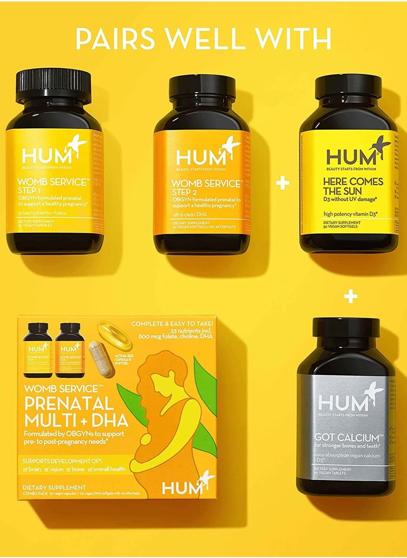 HUM - Womb Service Prenatal Multi+DHA Formulated by OBGYNs to support pre to post pregnancy needs - Supports development of  Brain, Vision, Bone & Overall - Combo pack  30 Vegan Capsules+30 DHA Vegan Softge - Image 1