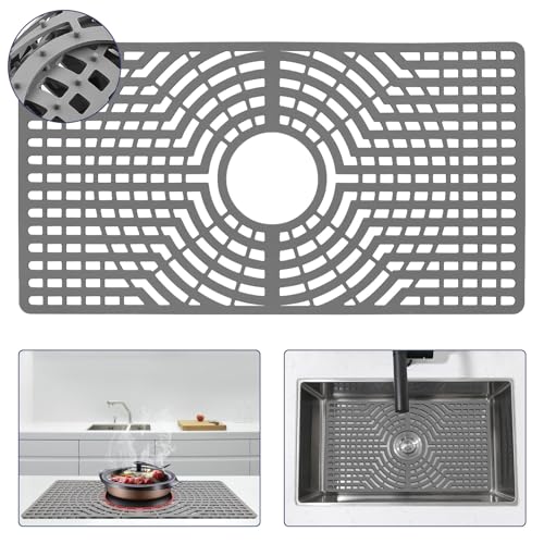Snuggery Silicone Sink Protector 26"x14" Center Drain Hole, Heat Resistant Non-slip Dishwasher Suitable, Large Mat for Bottom of Farmhouse Kitchen Stainless Steel Sink(Grey) - Image 1