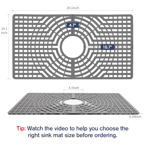 Snuggery Silicone Sink Protector 26"x14" Center Drain Hole, Heat Resistant Non-slip Dishwasher Suitable, Large Mat for Bottom of Farmhouse Kitchen Stainless Steel Sink(Grey) - Image 2