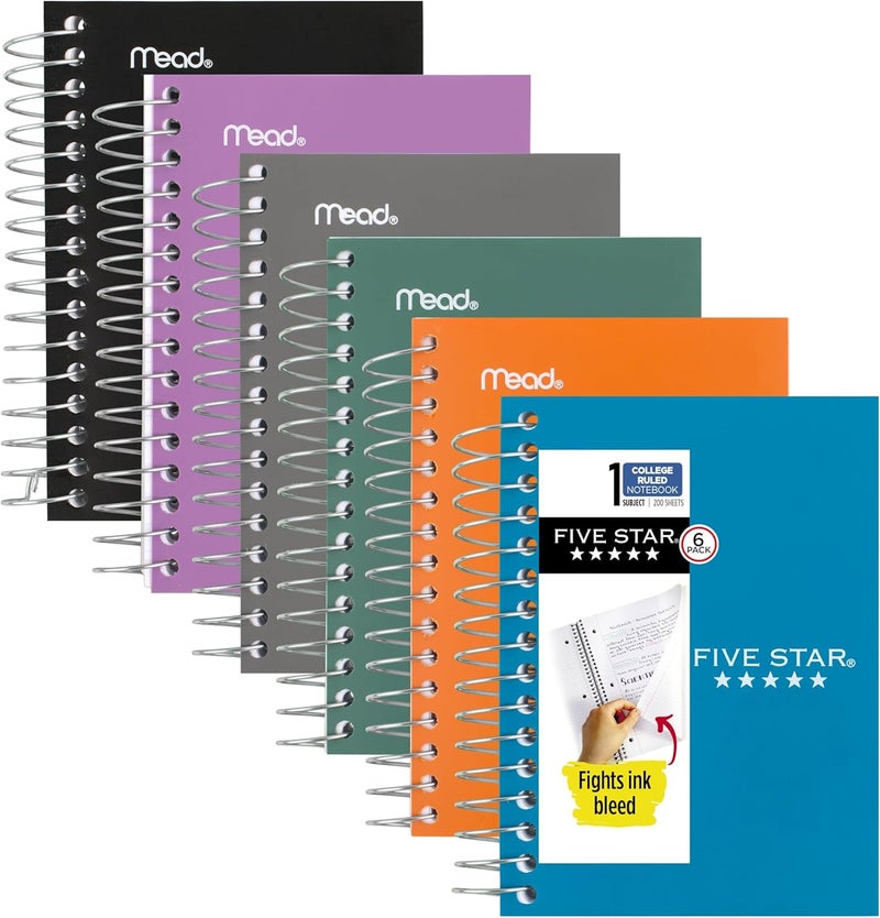 Five Star Spiral Notebook, 6 Pack, College Ruled Paper, Fat Lil' Pocket Notebooks, 3-1/2" x 5-1/2", 200 Sheets, Assorted Colors (38027) - Image 1