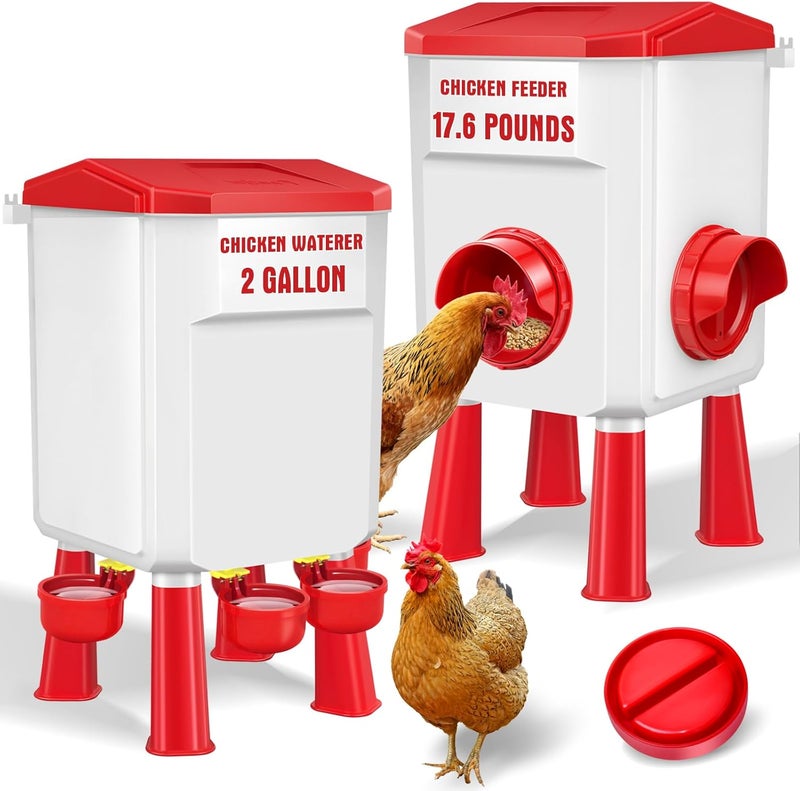 Meyoppm Chicken Feeder and Waterer Set with 2 Gallon/17.6 Pounds, Automatic Chick Feeder and Waterer Set No Waste， Poultry Feeder Large for Hens/Ducks/Poultry(Red - Image 1