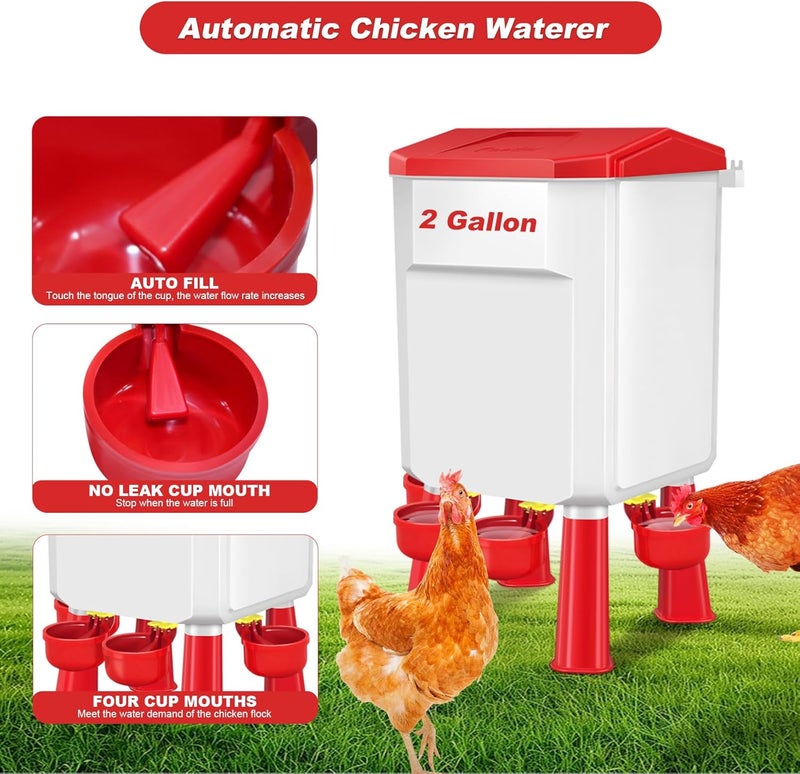 Meyoppm Chicken Feeder and Waterer Set with 2 Gallon/17.6 Pounds, Automatic Chick Feeder and Waterer Set No Waste， Poultry Feeder Large for Hens/Ducks/Poultry(Red - Image 3
