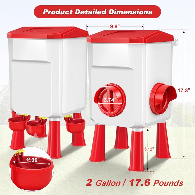 Meyoppm Chicken Feeder and Waterer Set with 2 Gallon/17.6 Pounds, Automatic Chick Feeder and Waterer Set No Waste， Poultry Feeder Large for Hens/Ducks/Poultry(Red - Image 2