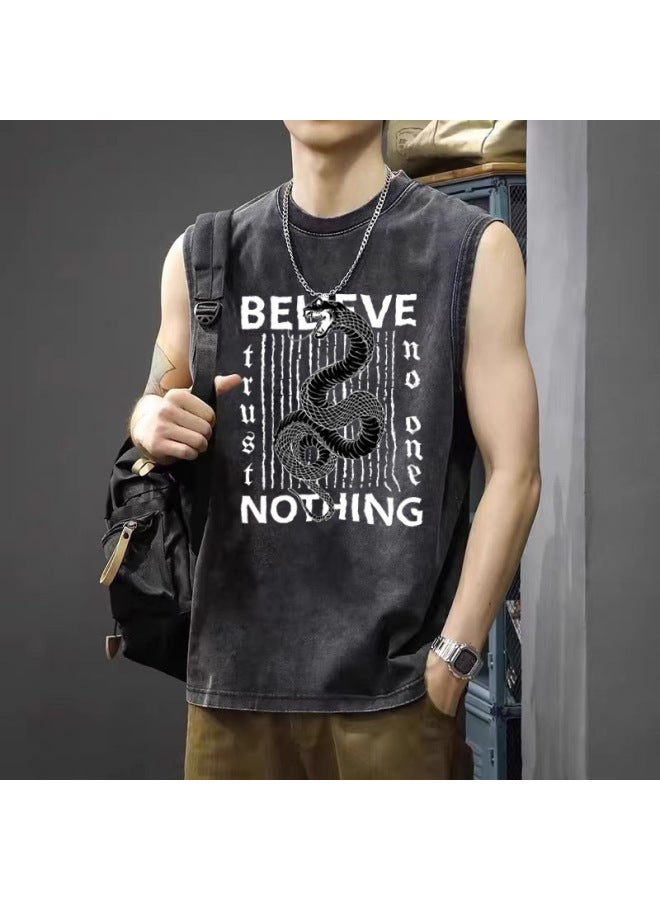 American High-street Retro Washed Distressed Sports Vest Trendy Brand Sleeveless T-shirt Loose Casual Fitness Short Sleeve