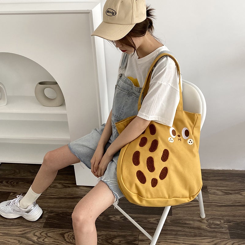 Cartoon Canvas Bag Large Capacity Shoulder Bag Hand Bag Women'S Ins Embroidered Peanut Bag - Image 1