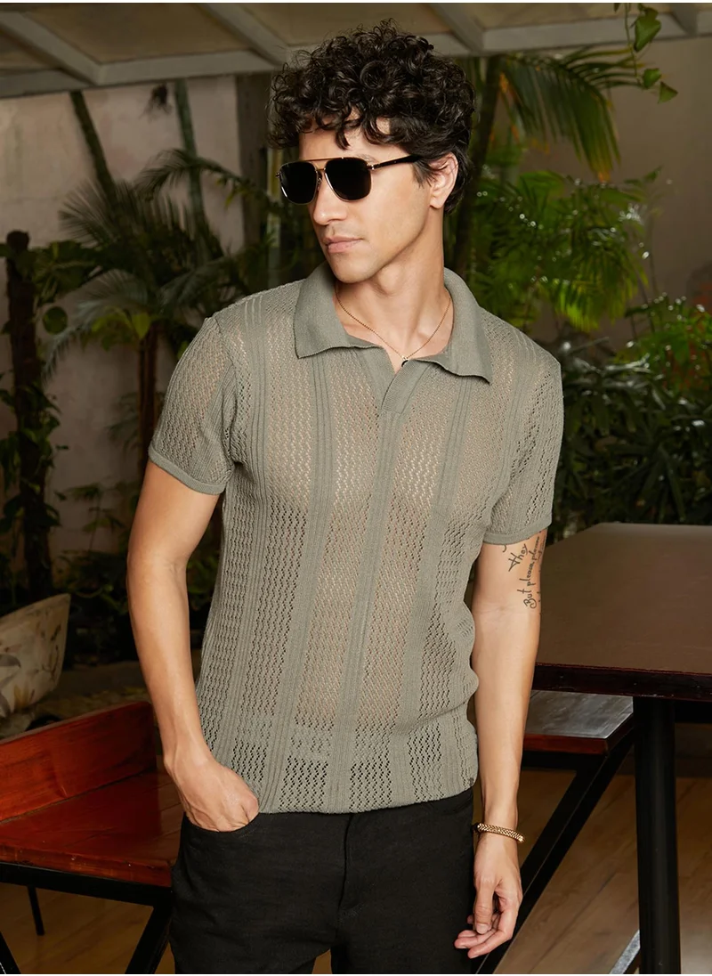 كامبوس سوترا Men's Olive Green Chevron-Lined Textured Polo T-Shirt