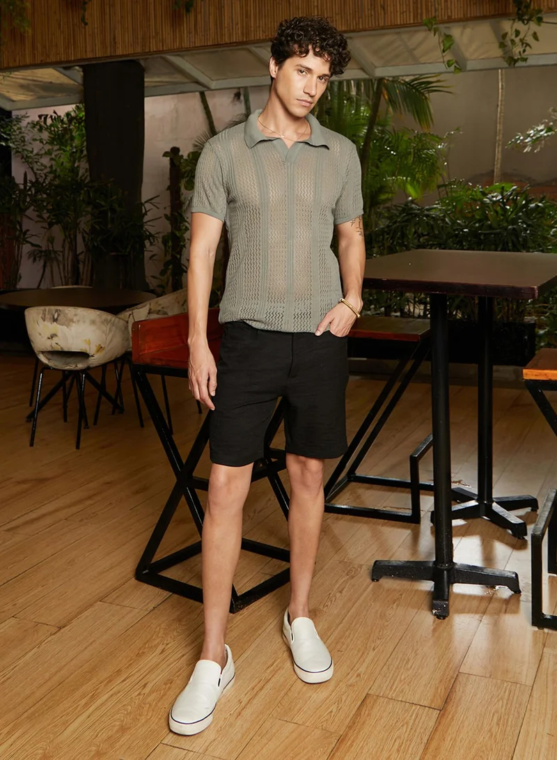 كامبوس سوترا Men's Olive Green Chevron-Lined Textured Polo T-Shirt