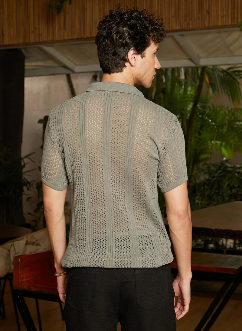 كامبوس سوترا Men's Olive Green Chevron-Lined Textured Polo T-Shirt
