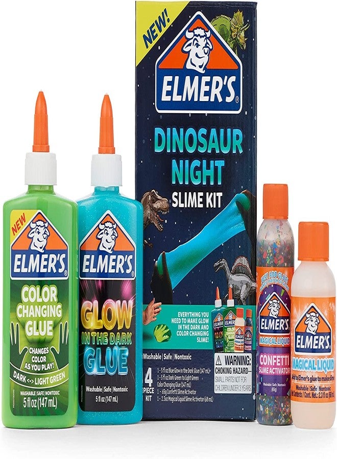 ELMER'S طقم سلايم ديناصور من إلمر - يصنع سلايم يتغير لونه ويتلألأ في الظلام - يتضمن غراء سائل ومفعّل - 4 قطع - Image 1