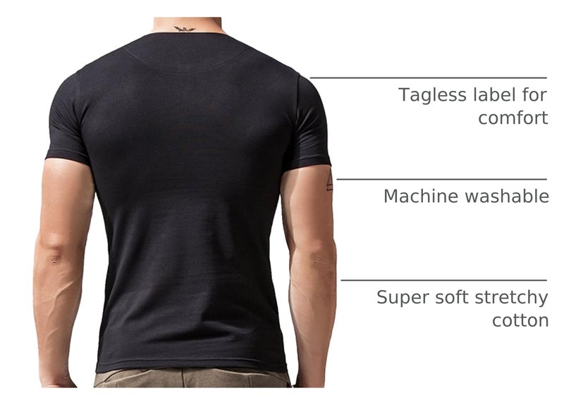 palglg Mens Short Sleeve Cotton Muscle Slim Fitted Sport Henley T-Shirt with Button Black M - Image 4