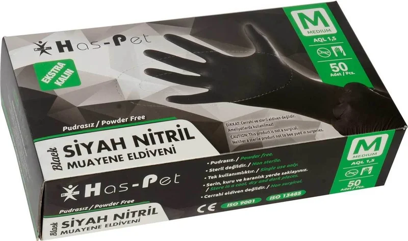 Haspet Nitrile Powder-Free Extra Thick Black Gloves Medium 50 Pcs