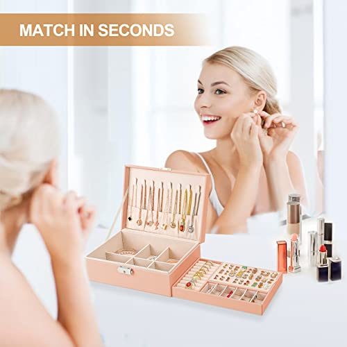 Sanikeon Jewelry Organizer Box, Leather Jewelry Box for Girls Gift Earring Organizer with Lock Double Layers Jewelry Case Removable Tray for Necklace Earring Ring with Polishing Cloth and Jewelry Bags - Image 2