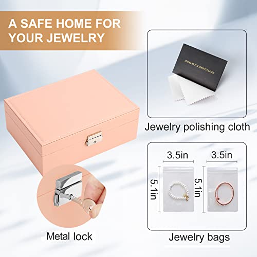 Sanikeon Jewelry Organizer Box, Leather Jewelry Box for Girls Gift Earring Organizer with Lock Double Layers Jewelry Case Removable Tray for Necklace Earring Ring with Polishing Cloth and Jewelry Bags - Image 5