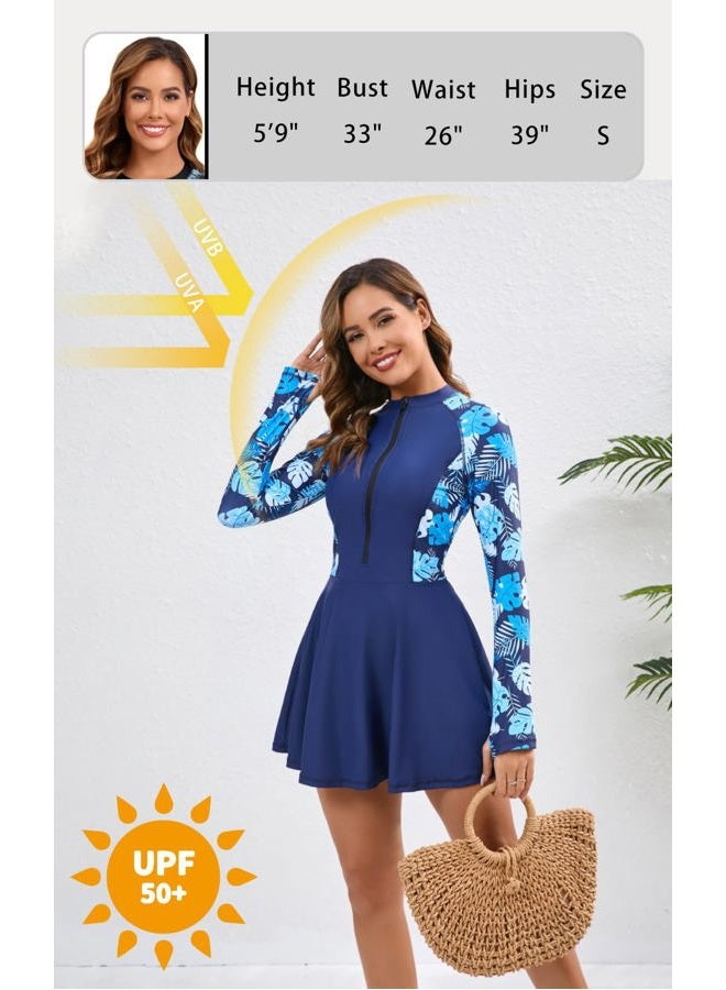 FAIRANCE Women Two Piece Rash Guard Sets UPF50+ Swim Dress with Shorts, Navy Leaf (2 Pcs), S - Image 5