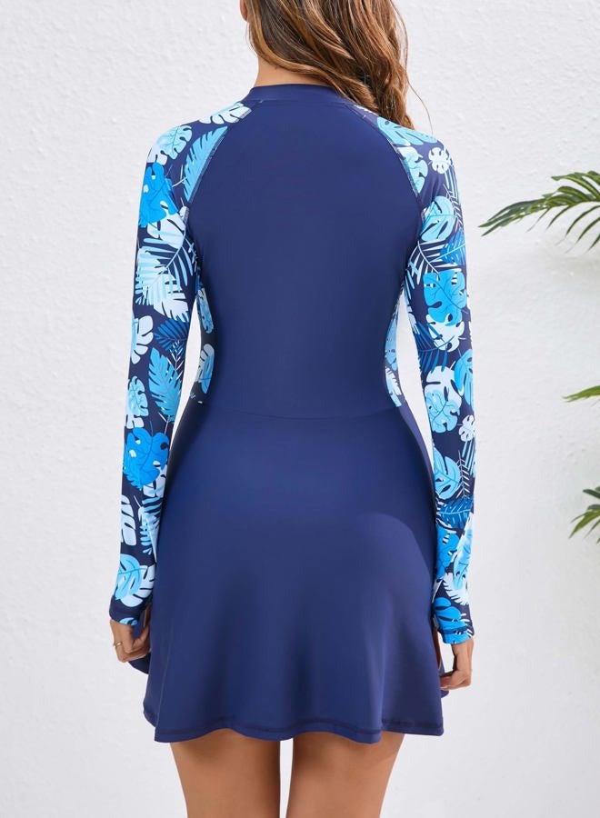 FAIRANCE Women Two Piece Rash Guard Sets UPF50+ Swim Dress with Shorts, Navy Leaf (2 Pcs), S - Image 3