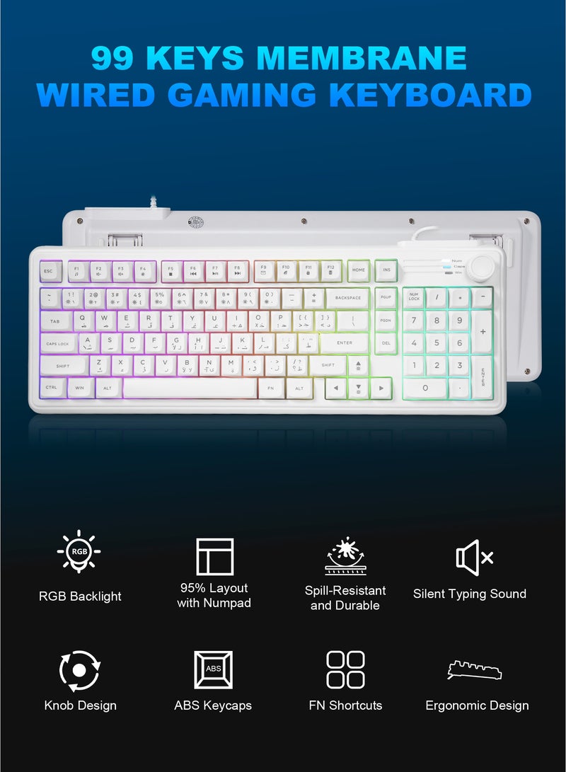 HUO JI CK606 RGB Gaming Keyboard, Arabic/English Bilingual Layout, Wired Retro Creamy Membrane, Media Knob, RGB Backlit Number Pad, 99 Keys Quiet Membrane for MAC, Xbox, PC - White - Image 2