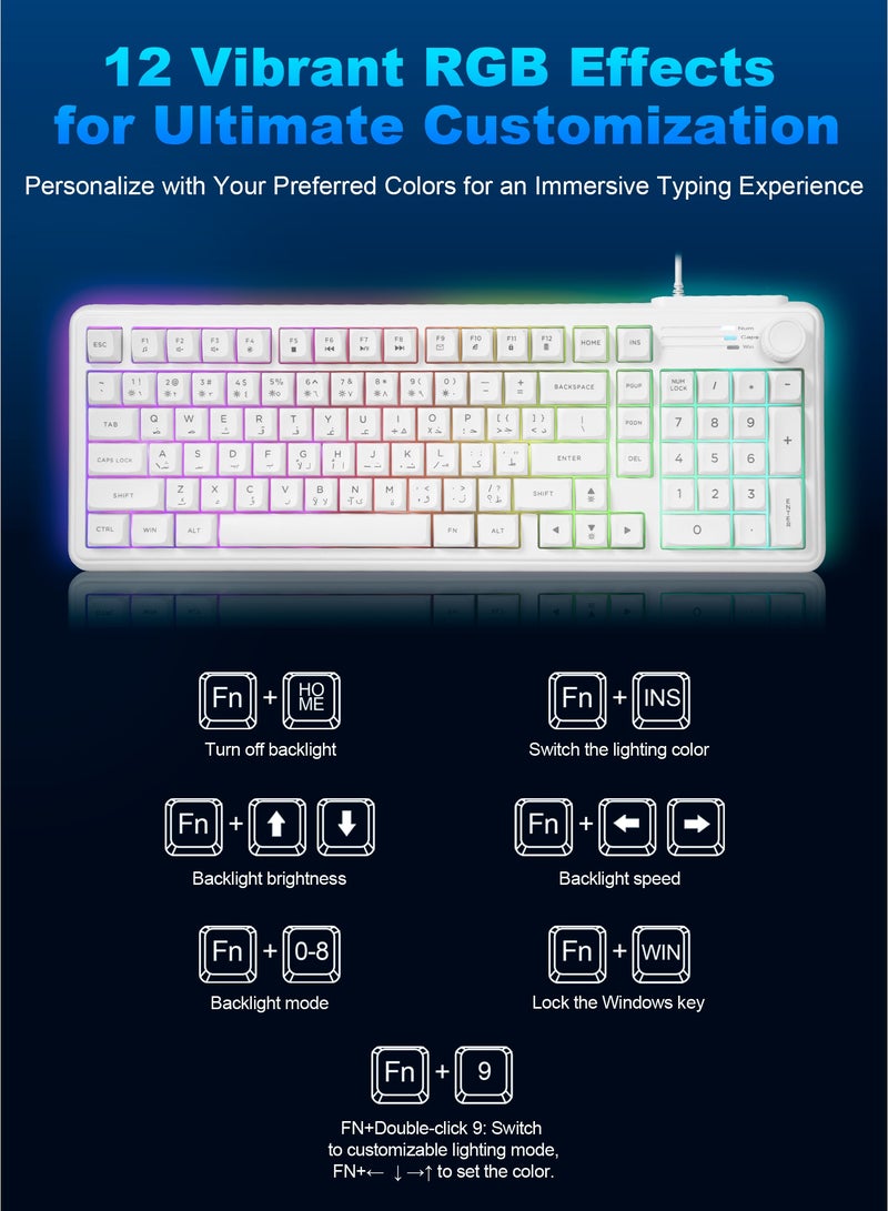 HUO JI CK606 RGB Gaming Keyboard, Arabic/English Bilingual Layout, Wired Retro Creamy Membrane, Media Knob, RGB Backlit Number Pad, 99 Keys Quiet Membrane for MAC, Xbox, PC - White - Image 4