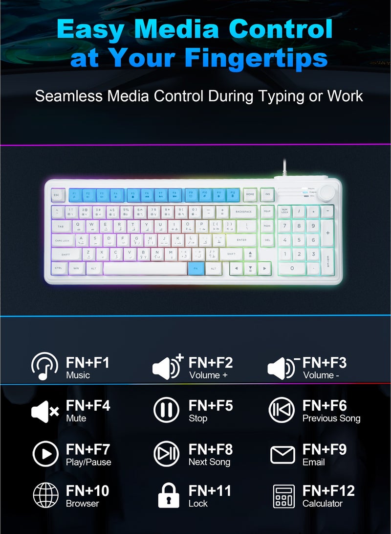 HUO JI CK606 RGB Gaming Keyboard, Arabic/English Bilingual Layout, Wired Retro Creamy Membrane, Media Knob, RGB Backlit Number Pad, 99 Keys Quiet Membrane for MAC, Xbox, PC - White - Image 5
