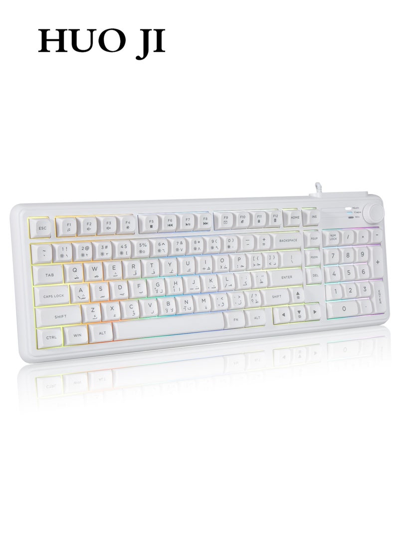 HUO JI CK606 RGB Gaming Keyboard, Arabic/English Bilingual Layout, Wired Retro Creamy Membrane, Media Knob, RGB Backlit Number Pad, 99 Keys Quiet Membrane for MAC, Xbox, PC - White - Image 1