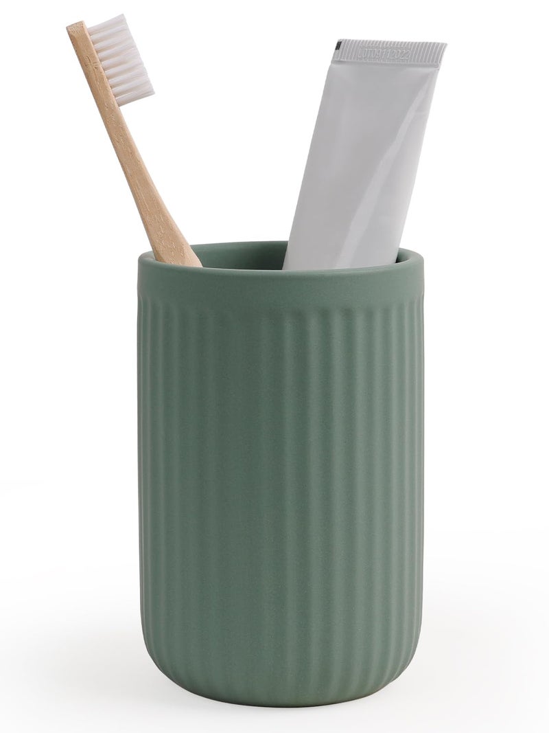 INGOFIN Ceramic Toothbrush Holder, 12 oz Toothpaste Holder Bathroom Cup, Tooth Brush Holder for Vanity Countertop, Organizer Storage for Cosmetic, Makeup, Office Pencils, Matte Green - Image 1