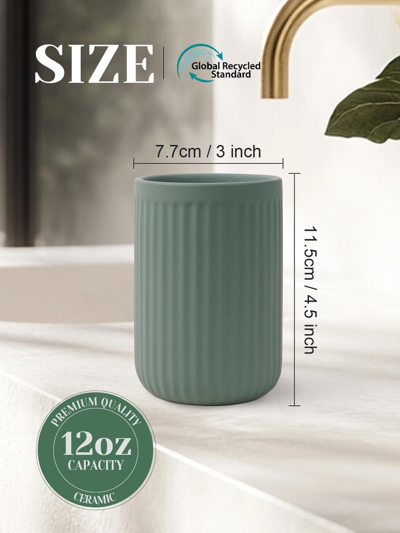 INGOFIN Ceramic Toothbrush Holder, 12 oz Toothpaste Holder Bathroom Cup, Tooth Brush Holder for Vanity Countertop, Organizer Storage for Cosmetic, Makeup, Office Pencils, Matte Green - Image 2