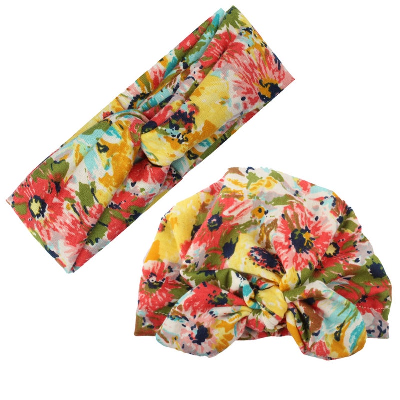 Generic New European and American mother baby set printed cross hair band printed rabbit ears hat cute printed headband A yellow printed bottom