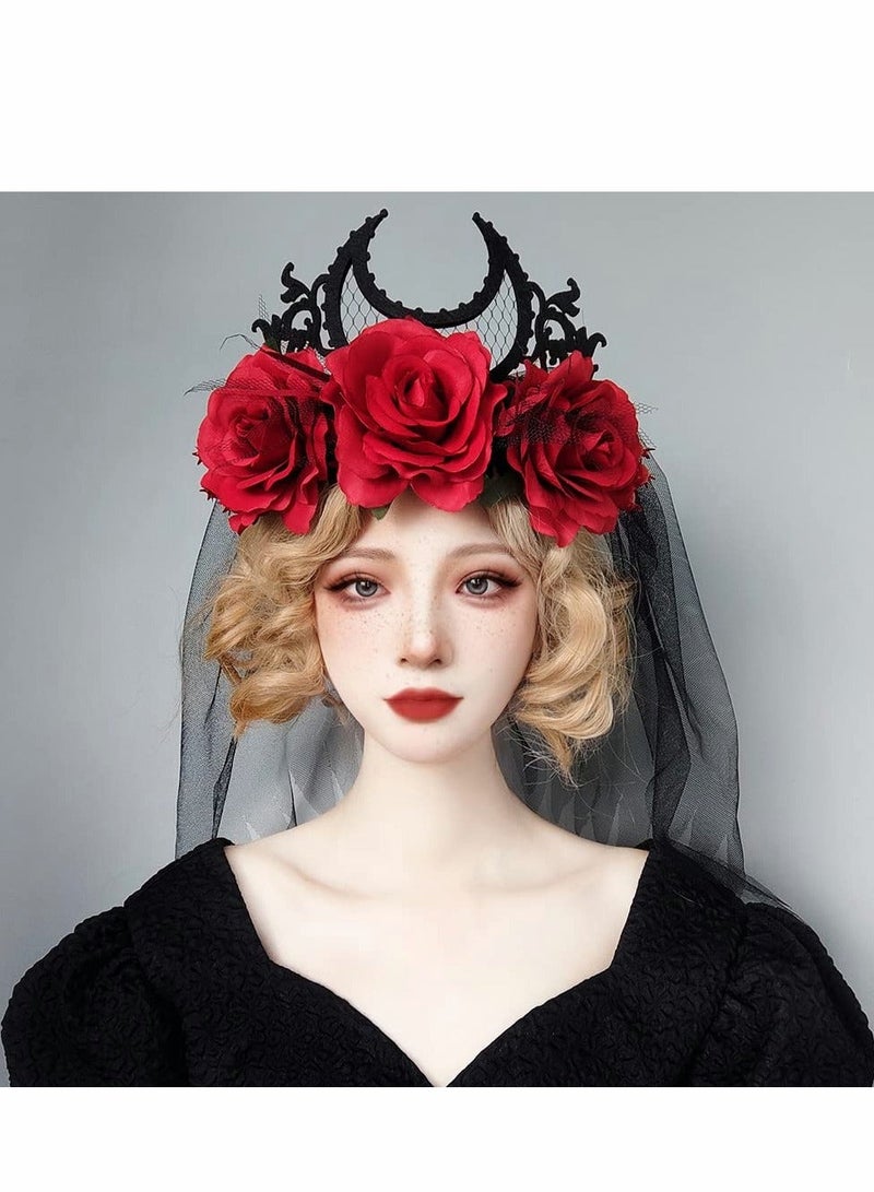 Masquerade Mask, Set of   Headband, Vintage Style Headband Black Lace Baroque Queen Crown Moon Red Rose With Gauze Mesh Hair Bands Set, Ball Party Masquerade and Cosplay  - Image 4