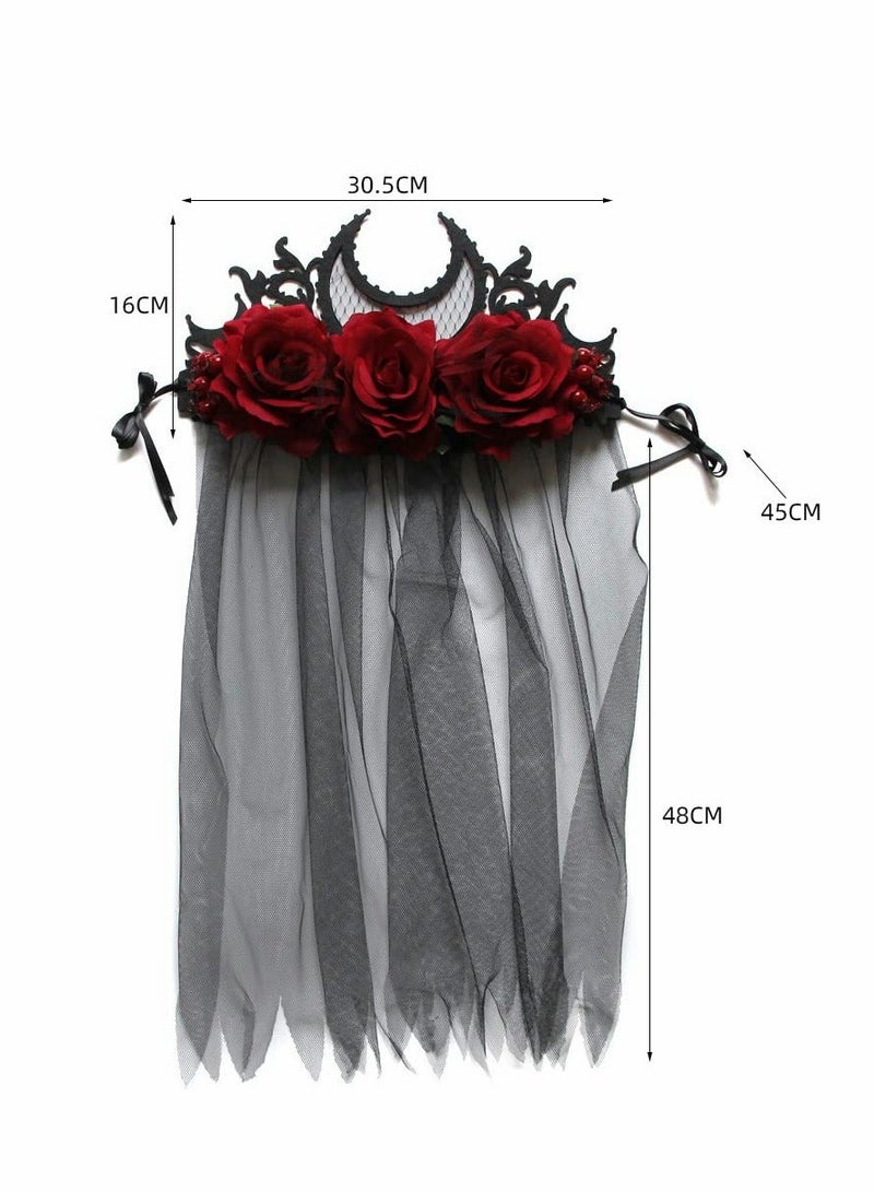 Masquerade Mask, Set of   Headband, Vintage Style Headband Black Lace Baroque Queen Crown Moon Red Rose With Gauze Mesh Hair Bands Set, Ball Party Masquerade and Cosplay  - Image 2