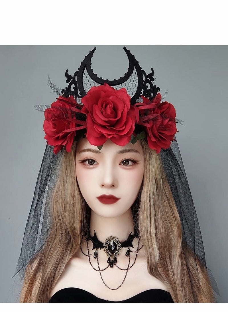 Masquerade Mask, Set of   Headband, Vintage Style Headband Black Lace Baroque Queen Crown Moon Red Rose With Gauze Mesh Hair Bands Set, Ball Party Masquerade and Cosplay  - Image 3