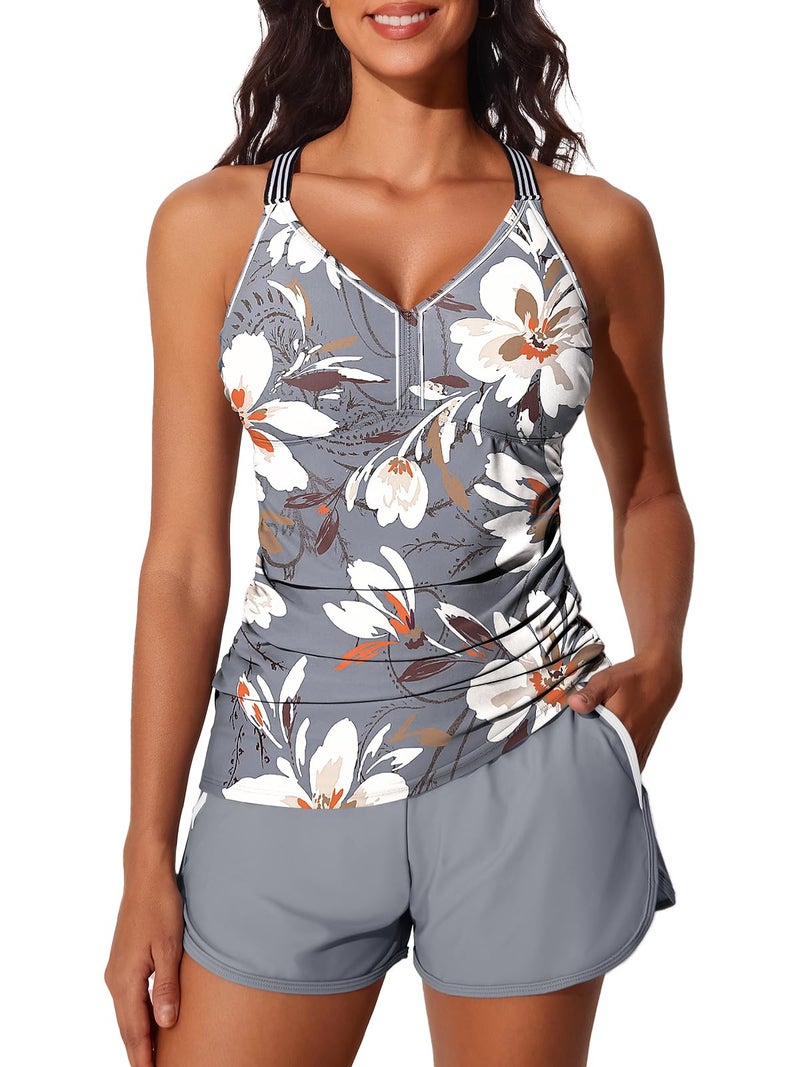 Summer Mae Modest Tankini Swimsuits for Women 2026 Two Piece Bathing Suits with Sporty Pockets Boy Shorts for Tummy Control Misty White Blossoms Size 14 - Image 1