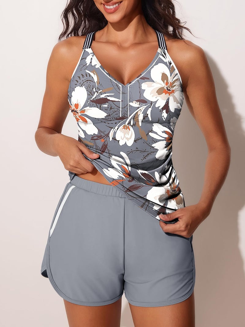 Summer Mae Modest Tankini Swimsuits for Women 2026 Two Piece Bathing Suits with Sporty Pockets Boy Shorts for Tummy Control Misty White Blossoms Size 14 - Image 3