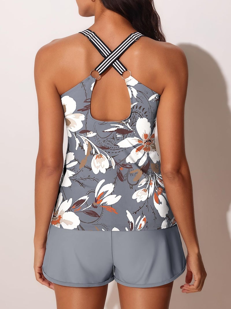Summer Mae Modest Tankini Swimsuits for Women 2026 Two Piece Bathing Suits with Sporty Pockets Boy Shorts for Tummy Control Misty White Blossoms Size 14 - Image 2