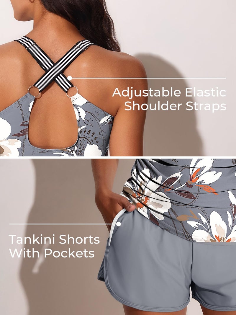 Summer Mae Modest Tankini Swimsuits for Women 2026 Two Piece Bathing Suits with Sporty Pockets Boy Shorts for Tummy Control Misty White Blossoms Size 14 - Image 4