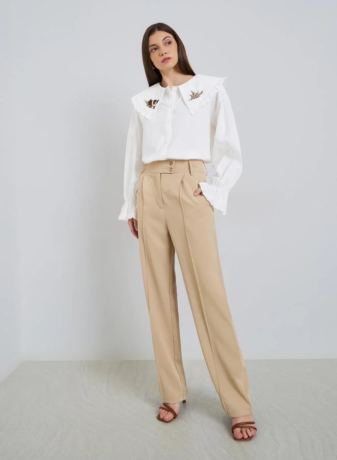 ستايلي بلوزة بأكمام طويلة وياقة مطرزة