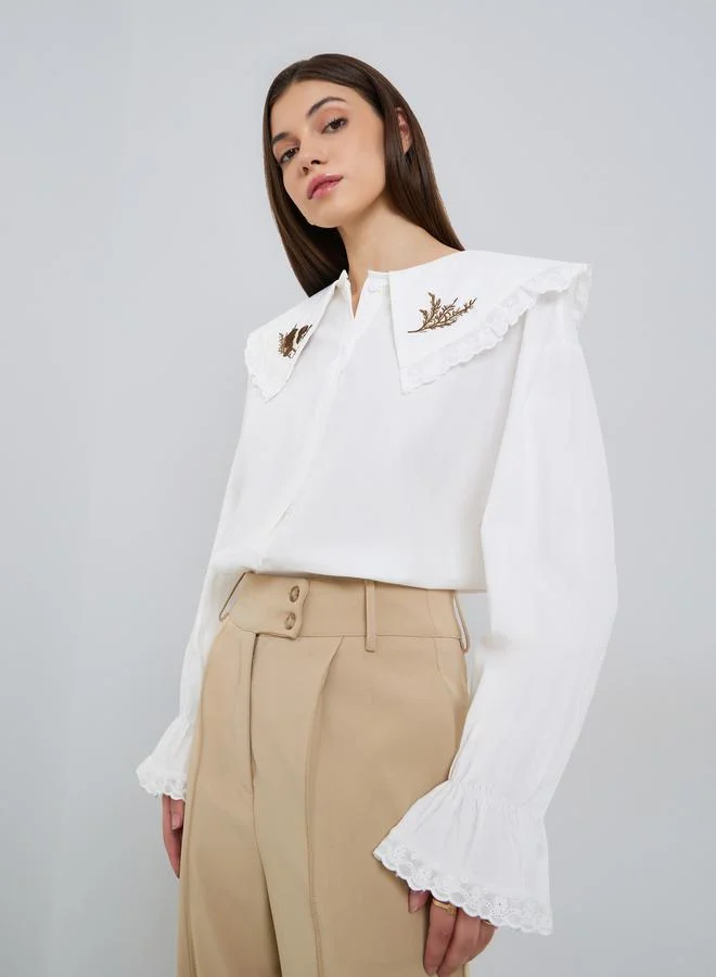 ستايلي بلوزة بأكمام طويلة وياقة مطرزة