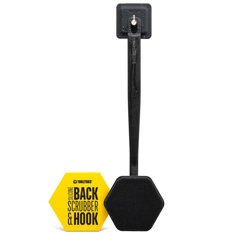 TOOLETRIES توولترز - فرشاة ظهر سيليكون مع خطاف - فرشاة استحمام مقشرة، غسالة ظهر للرجال، فرشاة ظهر متينة بمقبض طويل - ملحقات استحمام ودش تدوم طويلاً - فحم - Image 1