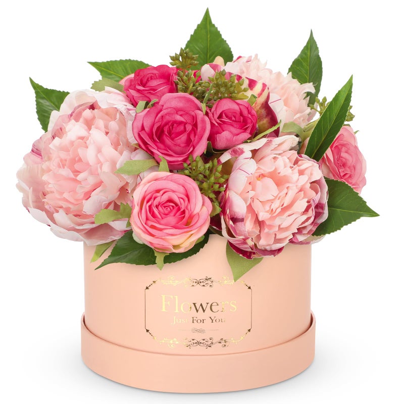 Hollyone Pink Peonies Roses Artificial Flowers in Vase Round Gift Boxes with Fake Flowers Arrangements Faux Flowers Floral in Box Vase for Her Mothers Day Valentines Day Christmas Birthday Gift - Image 2