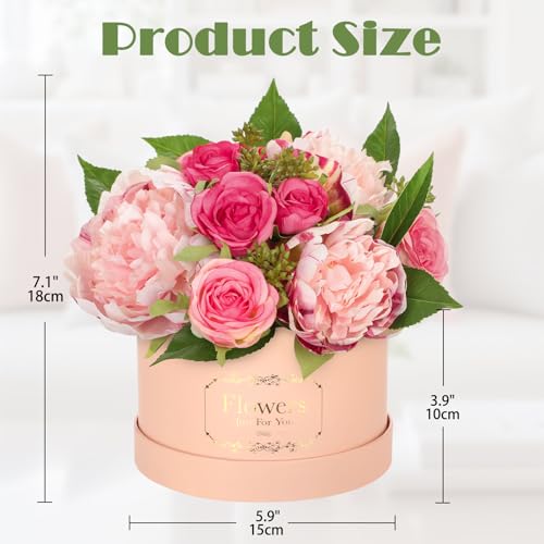 Hollyone Pink Peonies Roses Artificial Flowers in Vase Round Gift Boxes with Fake Flowers Arrangements Faux Flowers Floral in Box Vase for Her Mothers Day Valentines Day Christmas Birthday Gift - Image 3