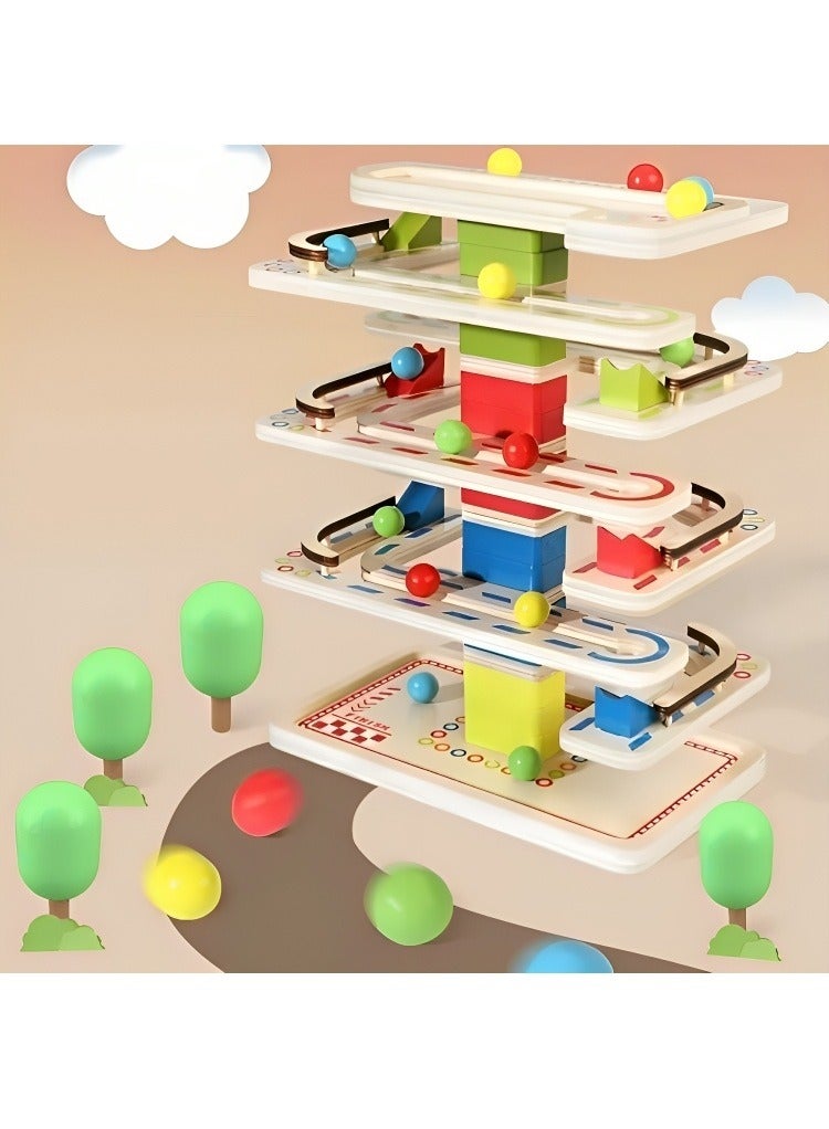 Wooden Ball Ramp Race, Maze Track Sliding Toy Assorted Children, 4 Layer Rolling Tower, Maze Wood Creative Stack Developmental Ramp Game for Educational Focus  - Image 2