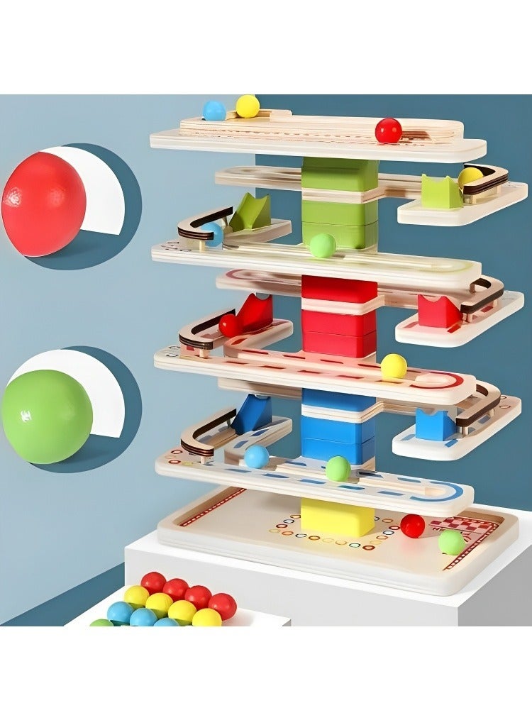 Wooden Ball Ramp Race, Maze Track Sliding Toy Assorted Children, 4 Layer Rolling Tower, Maze Wood Creative Stack Developmental Ramp Game for Educational Focus  - Image 3
